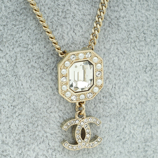 Chanel Gold Tone CC Pearl Crystal Pendant Necklace