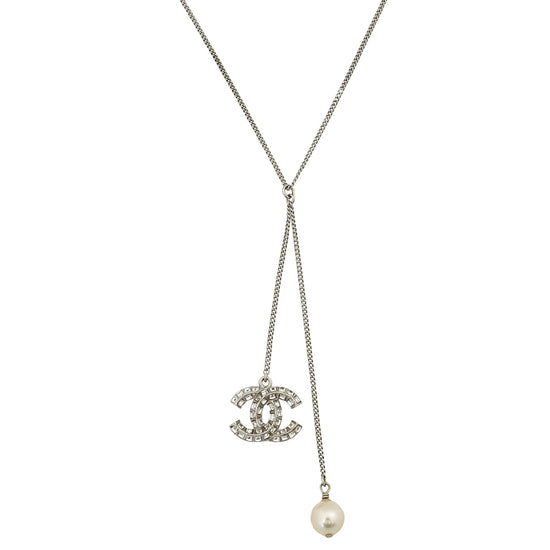 Chanel Silver CC Crystal Pendant W/ Faux Pearl Drop Necklace