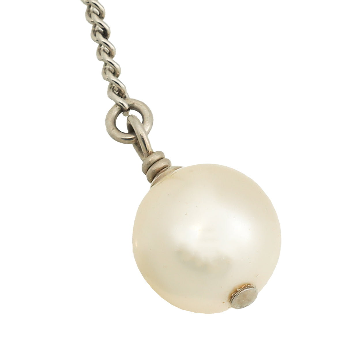 Chanel Silver CC Crystal Pendant W/ Faux Pearl Drop Necklace