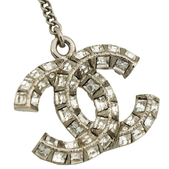 Chanel Silver CC Crystal Pendant W/ Faux Pearl Drop Necklace