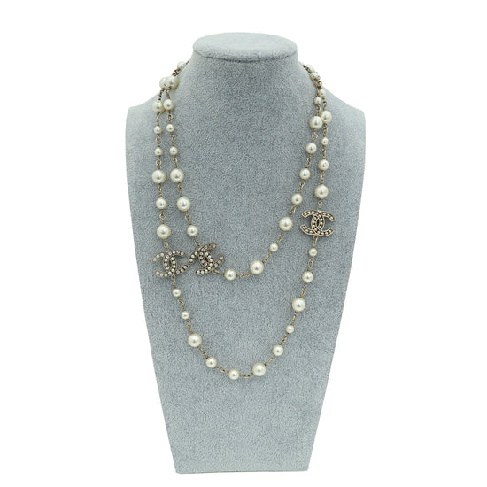 Chanel Ivory CC Crystal Pearls Long Necklace