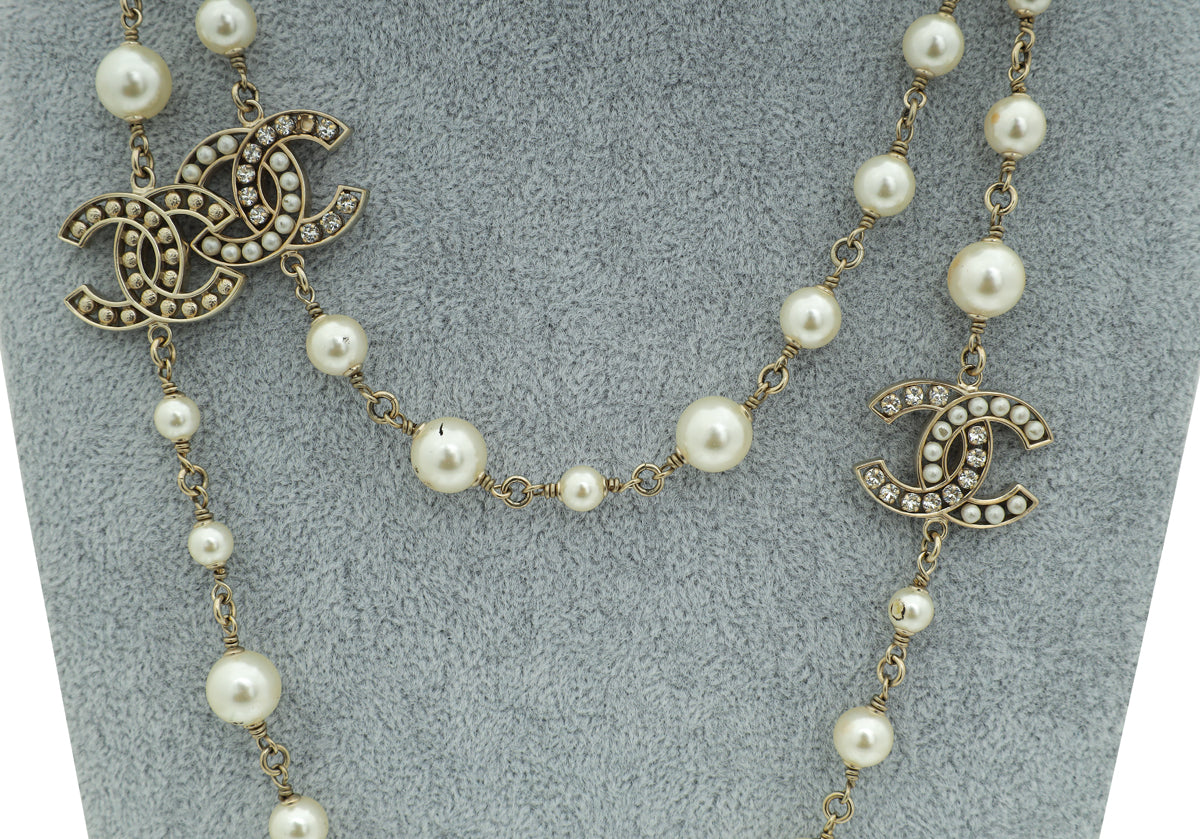 Chanel Ivory CC Crystal Pearls Long Necklace