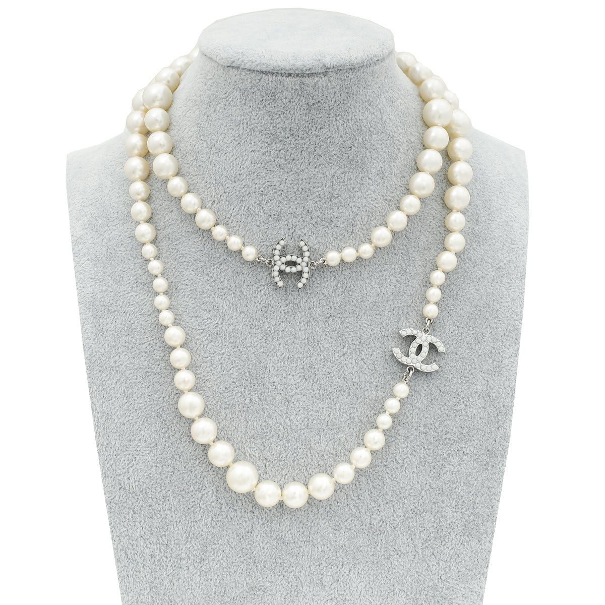 Chanel White CC Pearl Long Necklace