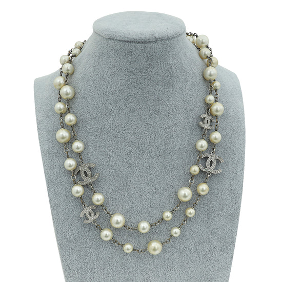 Chanel Bicolor CC w/Crystal Pearl Long Necklace