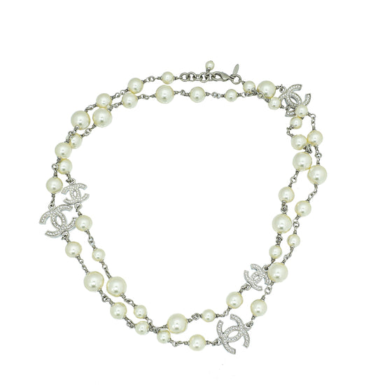 Chanel White CC Crystal Pearl Long Necklace