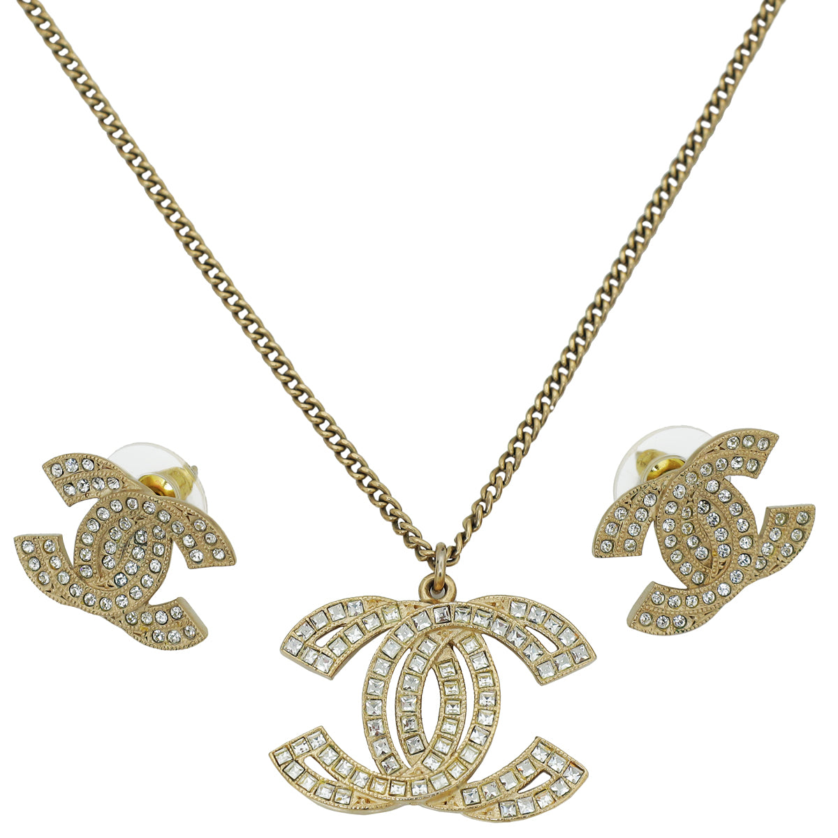 Chanel Gold Tone CC Crystal Earrings and Necklace Set-Chanel-THE CLOSET