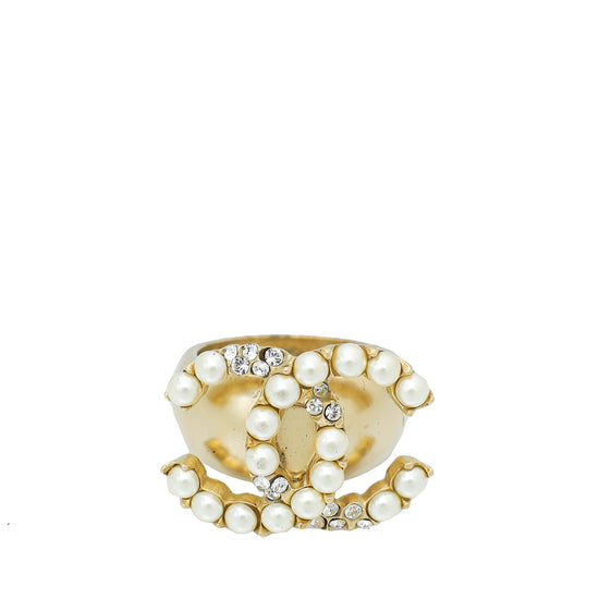 Chanel Ivory Faux Pearl Crystal CC Ring 52