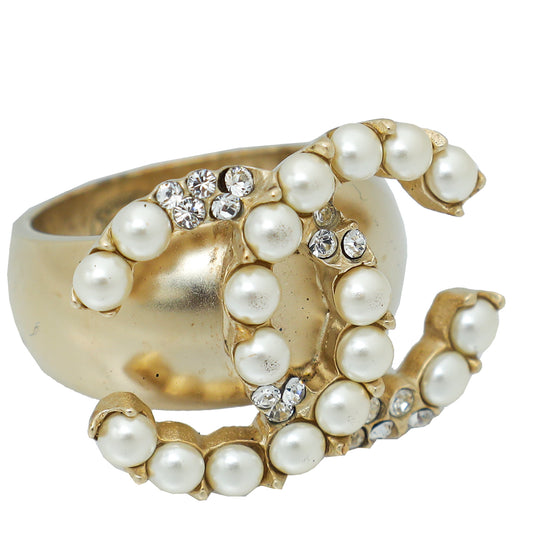 Chanel Ivory Faux Pearl Crystal CC Ring 52