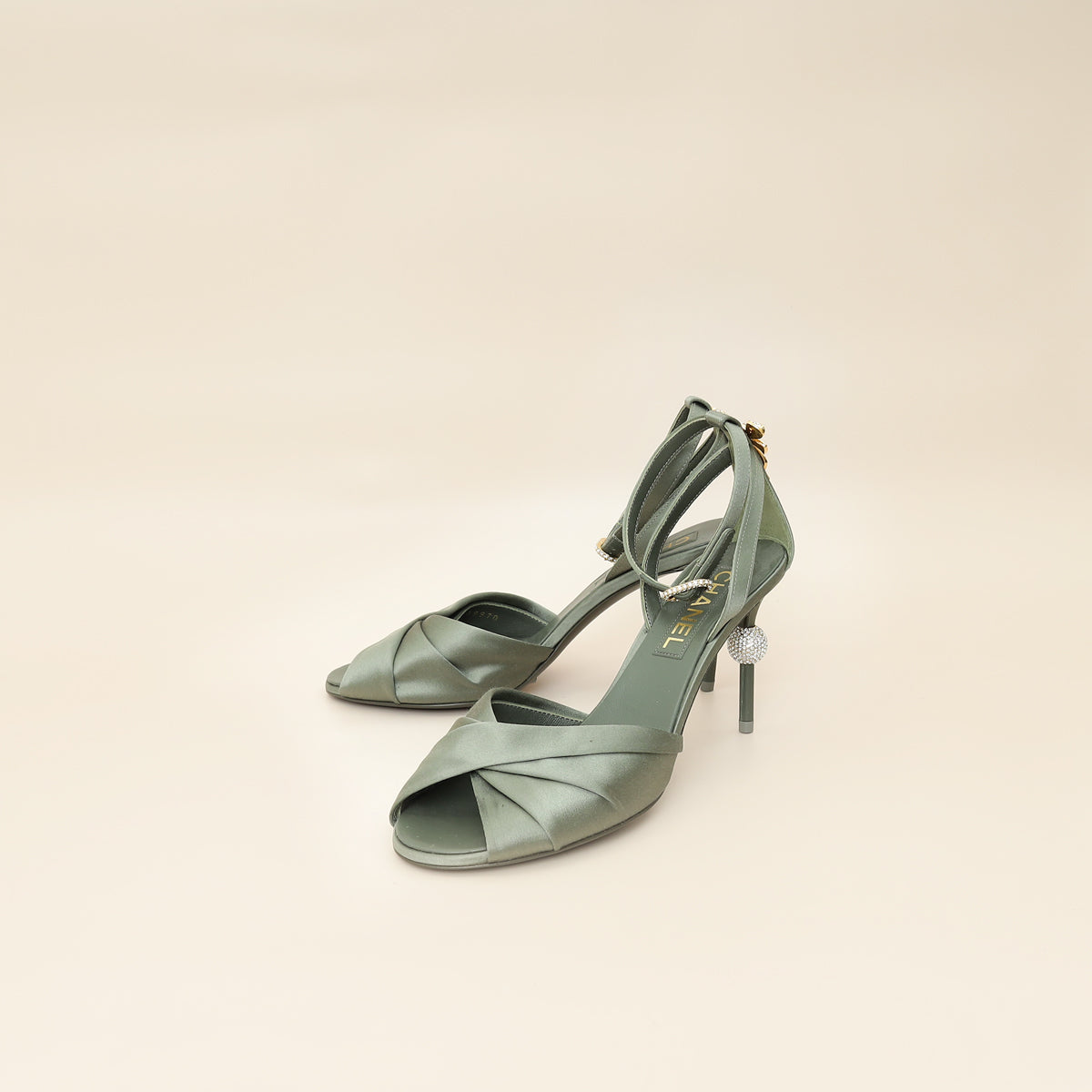 Chanel Olive CC Crystal Satin Sandal 38.5-Chanel-THE CLOSET