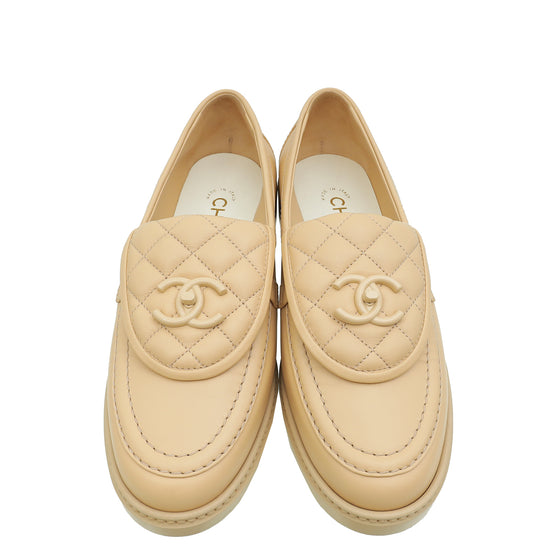 Chanel Beige CC Pocket Quilted Moccasin Loafer 38