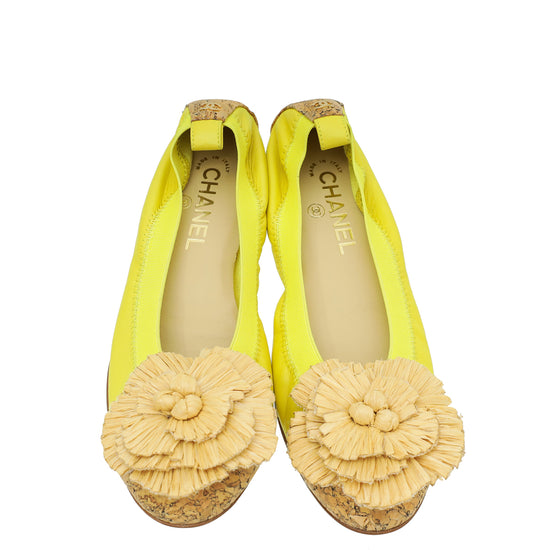 Chanel Bicolor Raffia Camellia Elastic Ballet Flat 38