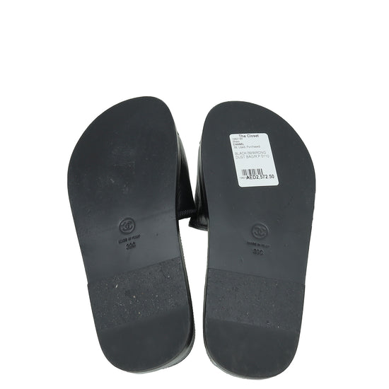 New CHANEL Black Patent CC Backless Double Sole Espadrille Slide