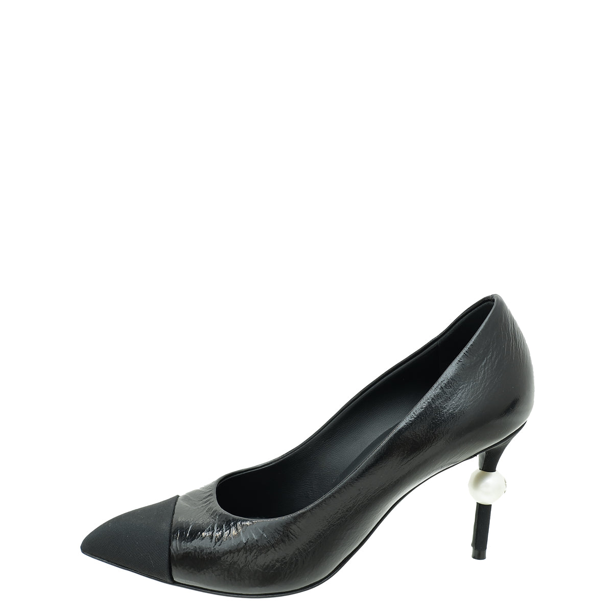 Chanel Black CC Cap Toe Pearl Heel Pump 36