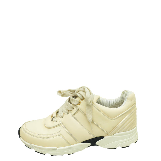 Chanel Cream CC Lace Up Trainer Sneaker 36