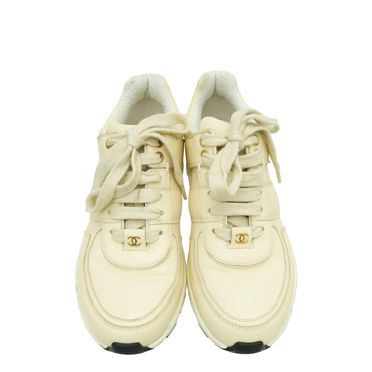 Chanel Cream CC Lace Up Trainer Sneaker 36