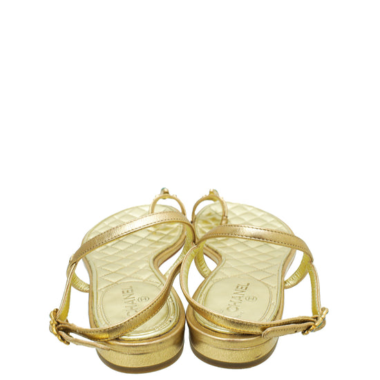 Chanel Metallic Gold Jeweled Toe Ring Ankle Strap 37.5