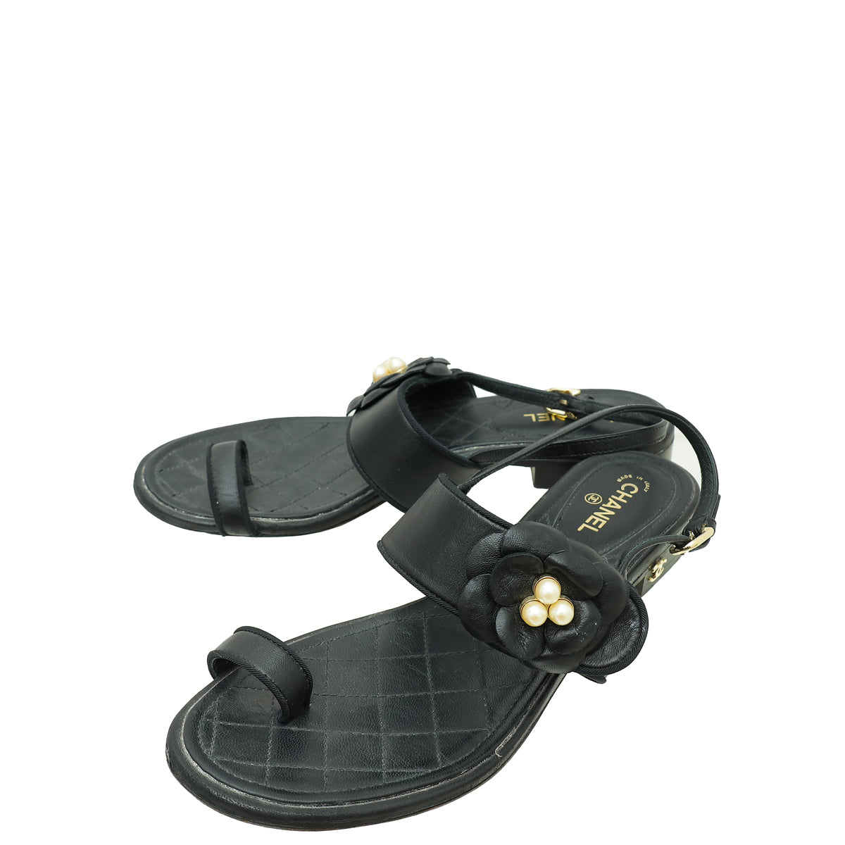 Chanel Black CC Pearl Camellia Flower Flat Sandal 37.5-Chanel-THE CLOSET
