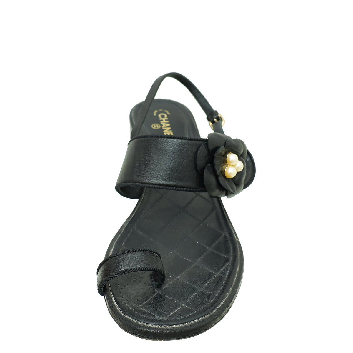 Chanel Black CC Pearl Camellia Flower Flat Sandal 37.5-Chanel-THE CLOSET
