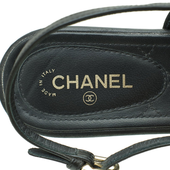 Chanel Black CC Pearl Camellia Flower Flat Sandal 37.5