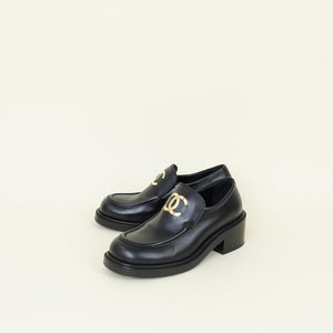 Chanel Black Interlocking CC Logo Platform Loafers 37.5