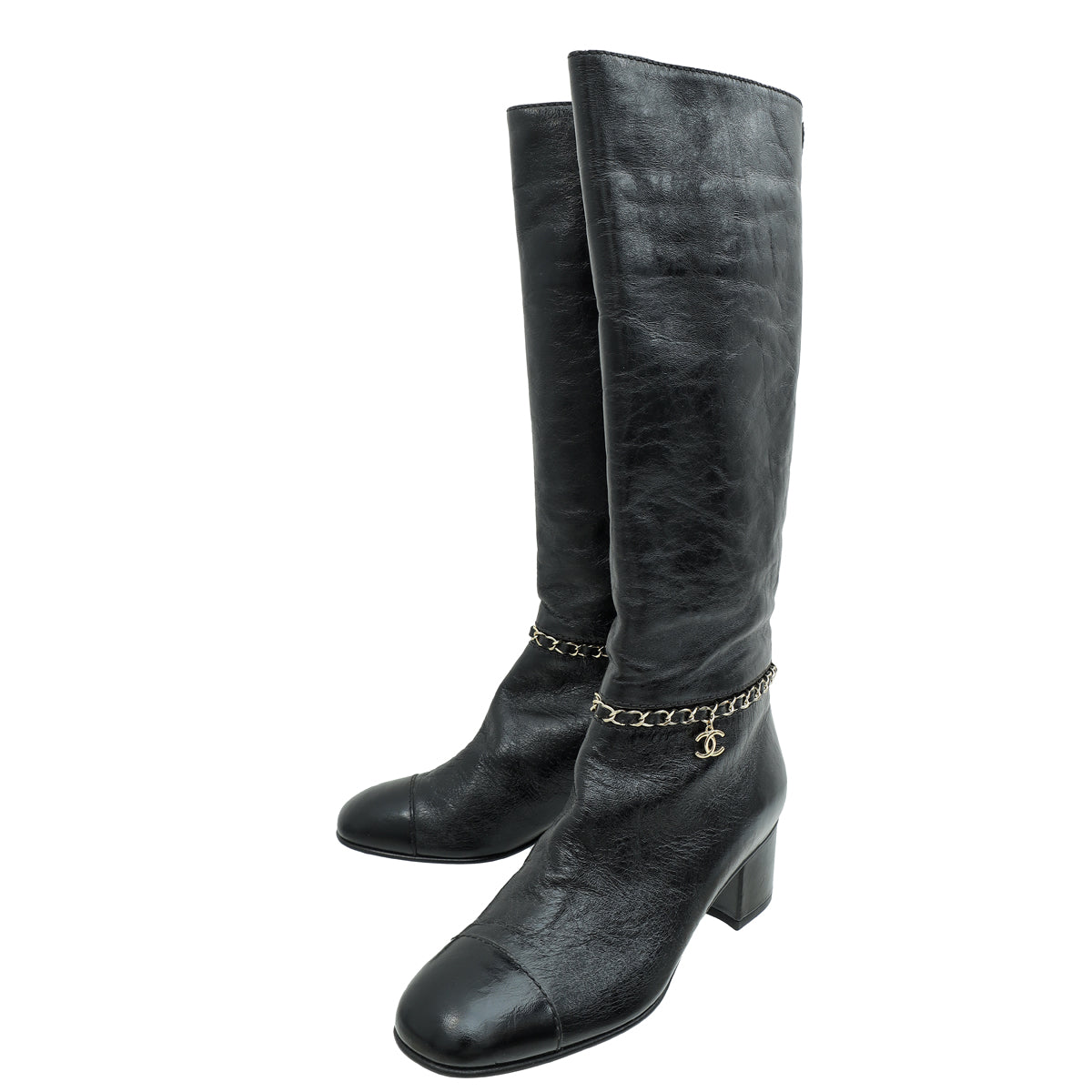 Chanel Black CC Cap Toe Chain High Boots