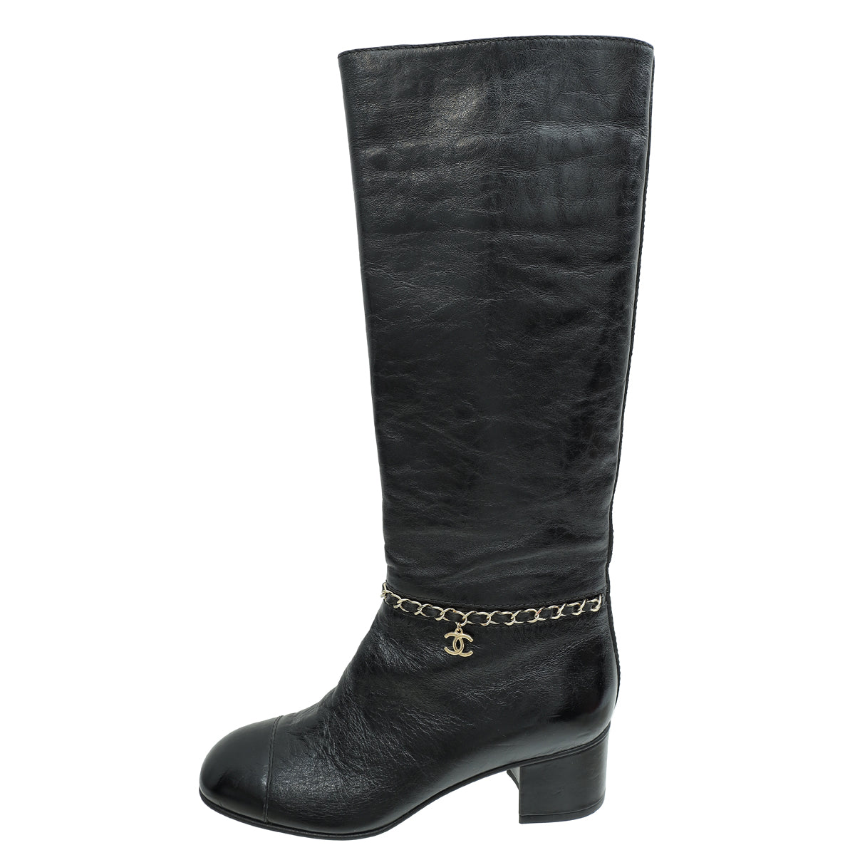 Chanel Black CC Cap Toe Chain High Boots 37.5