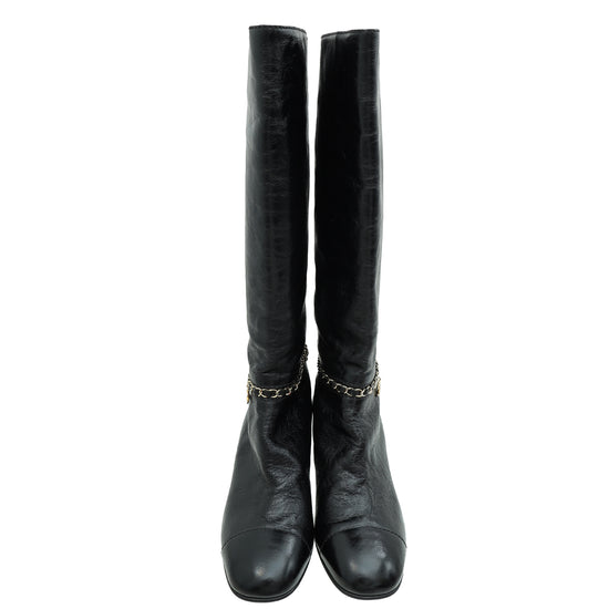 Load image into Gallery viewer, Chanel Black CC Cap Toe Chain High Boots 37.5
