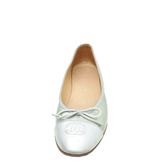 Chanel Metallic Silver CC Ballerina Flats 37.5