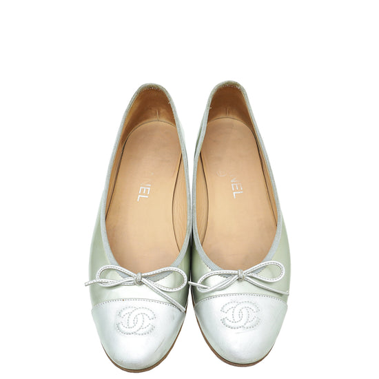 Chanel Metallic Silver CC Ballerina Flats 37.5