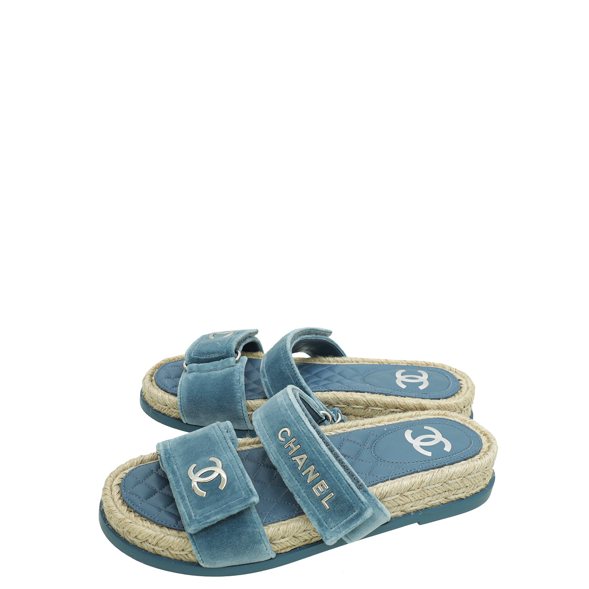 Chanel Blue CC Velvet Slider Espadrille Mules 37-Chanel-THE CLOSET