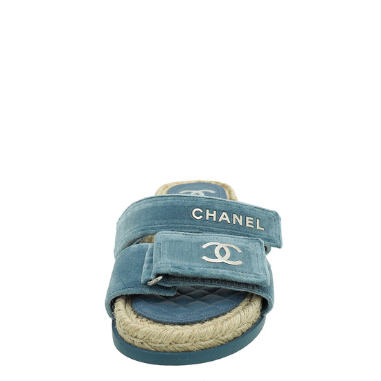 Chanel Blue CC Velvet Slider Espadrille Mules 37