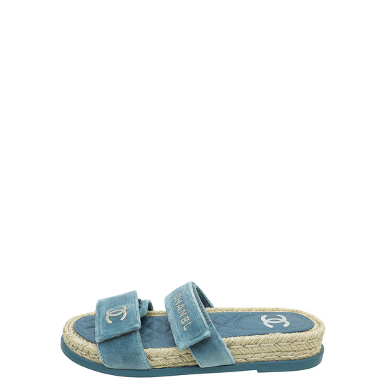 Chanel Blue CC Velvet Slider Espadrille Mules 37