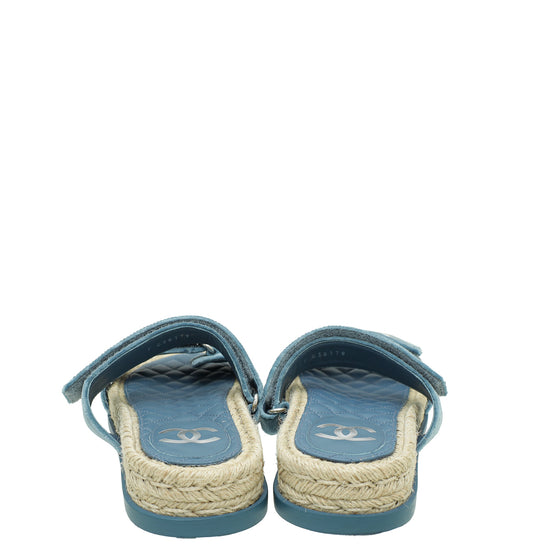 Chanel Blue CC Velvet Slider Espadrille Mules 37