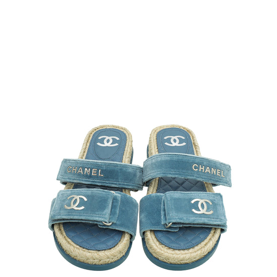 Chanel Blue CC Velvet Slider Espadrille Mules 37