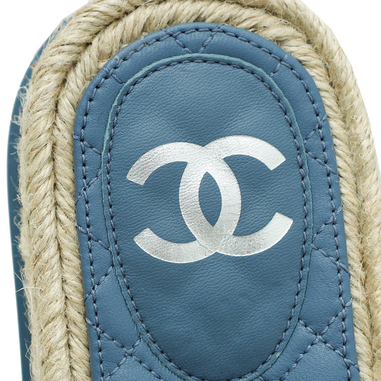 Chanel Blue CC Velvet Slider Espadrille Mules 37