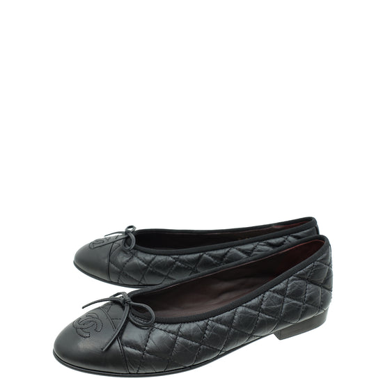 Chanel Black CC Cap Toe Quilted Flat Ballerina 37