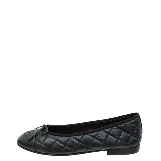 Chanel Black CC Cap Toe Quilted Flat Ballerina 37