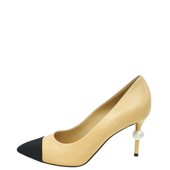 Chanel Bicolor CC Pearl Heel Pointed Pumps 37