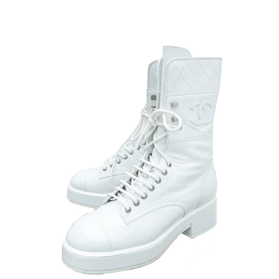 Chanel White Quilted CC Lace Up Combat Boots 38.5 – The Closet