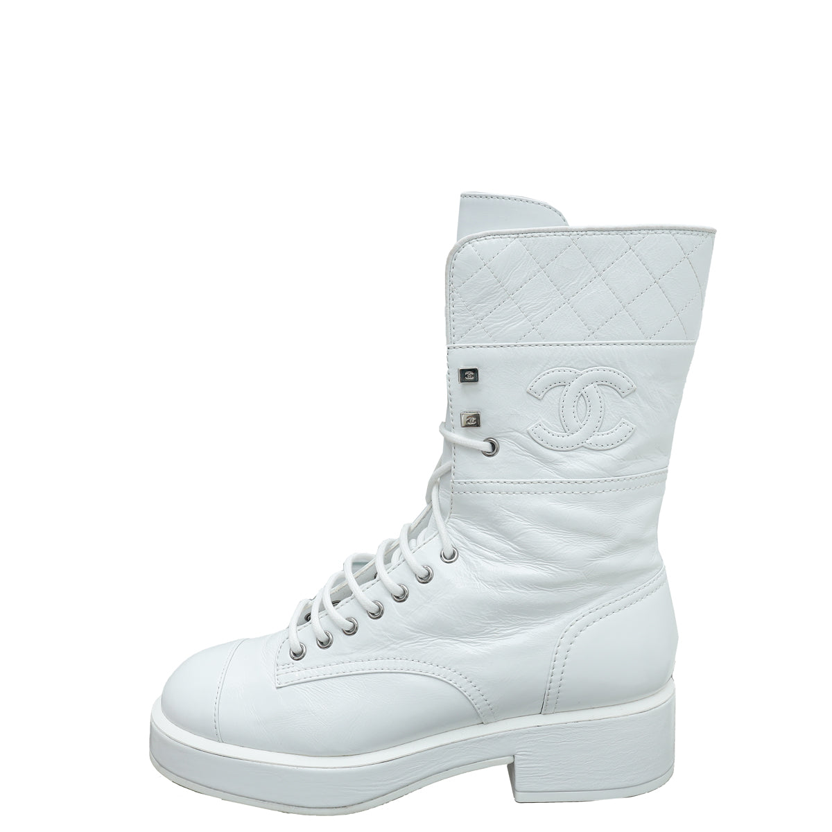 Chanel White Quilted CC Lace Up Combat Boots 38.5