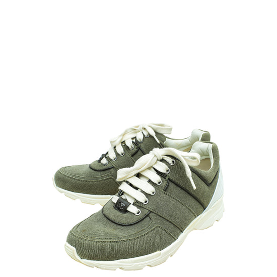 Chanel Light Military Green CC Lace Up Sneakers 38.5