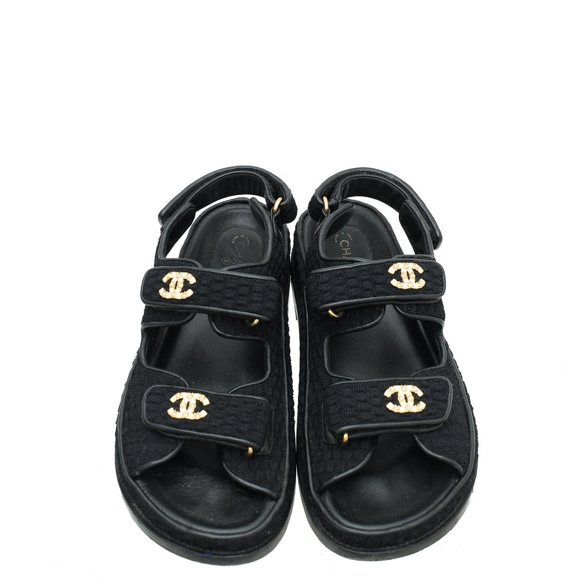 Chanel Black CC Pearl Knit Dad Sandals 38.5