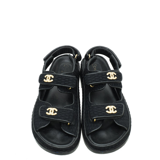 Chanel Dad Sandals, Black Suede with Pearl Flower, Size 38.5, New in Box  WA001