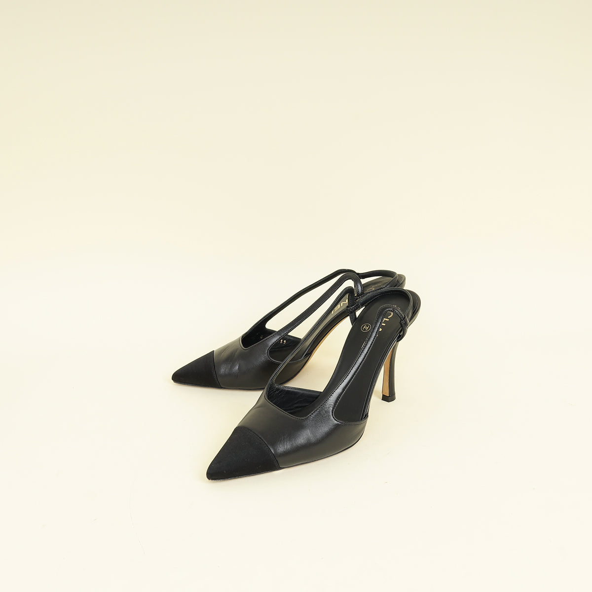 Chanel Black CC Cap Toe Pointed Slingback Pump 38.5