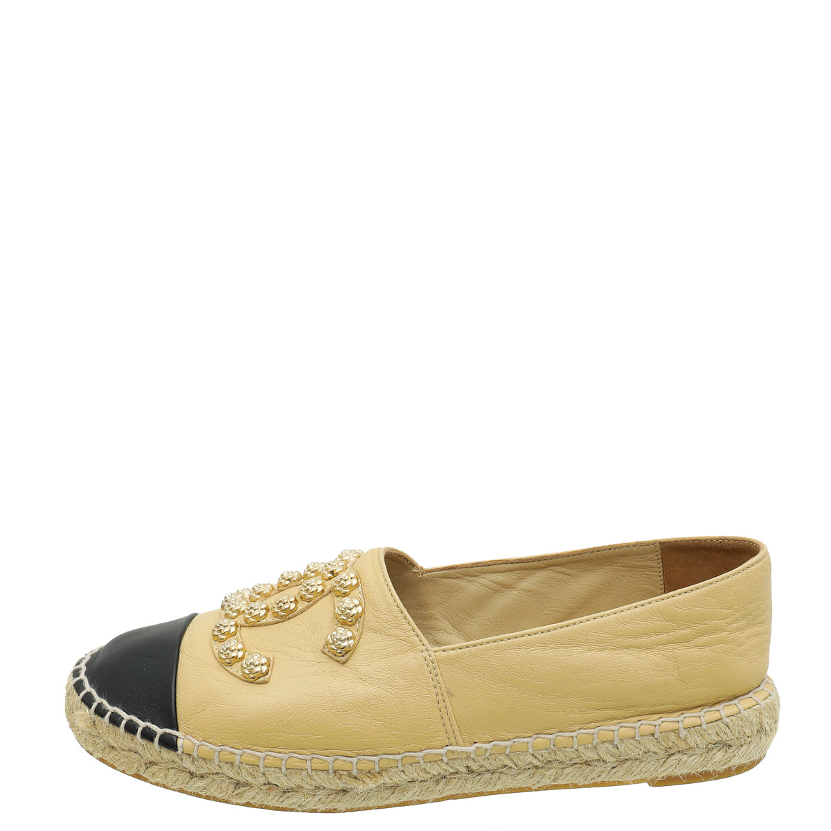 Chanel Bicolor CC Camellia Studded Cap Toe Espadrille 38