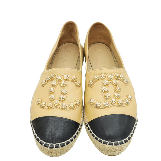 Chanel Bicolor CC Camellia Studded Cap Toe Espadrille 38