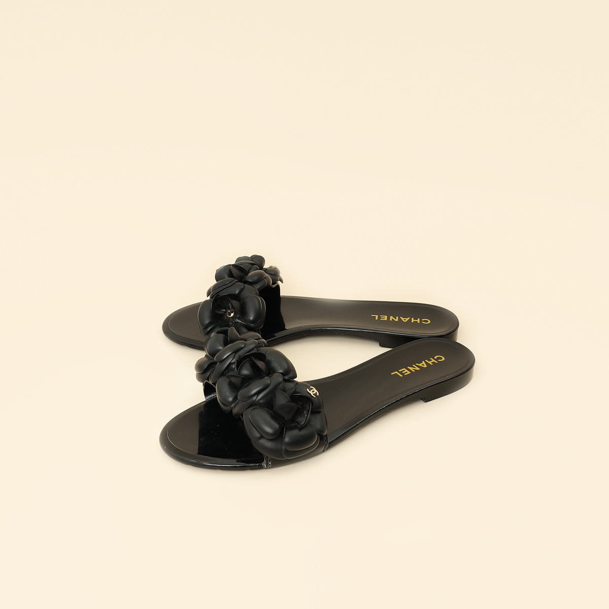 Chanel Black Camellia CC Slides 38-Chanel-THE CLOSET