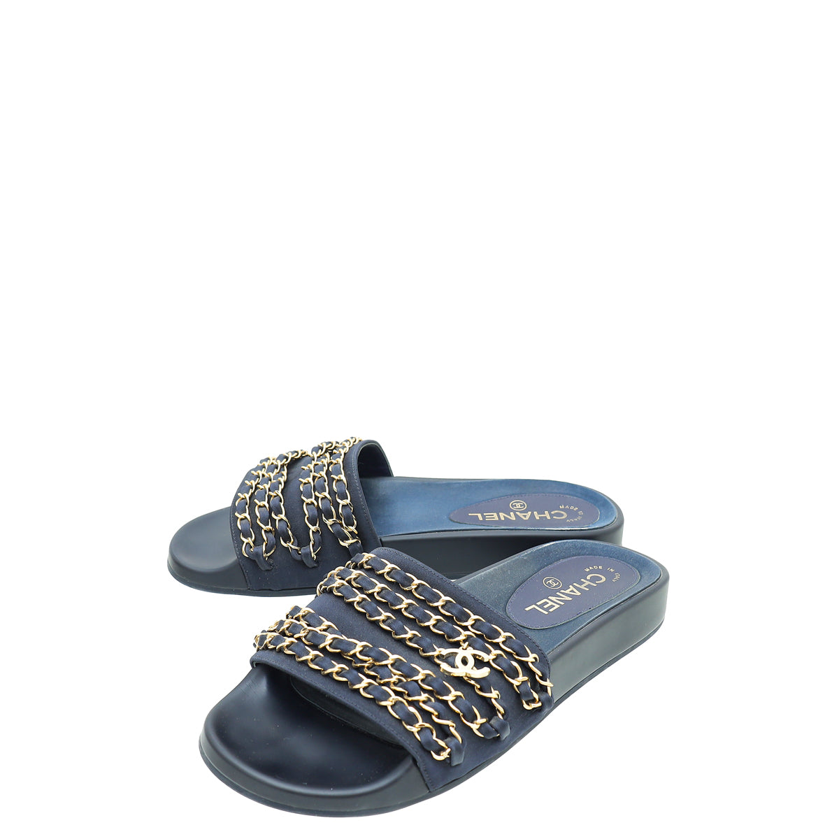 Chanel Navy Blue CC Chain Slide Pool Sandal 38-Chanel-THE CLOSET