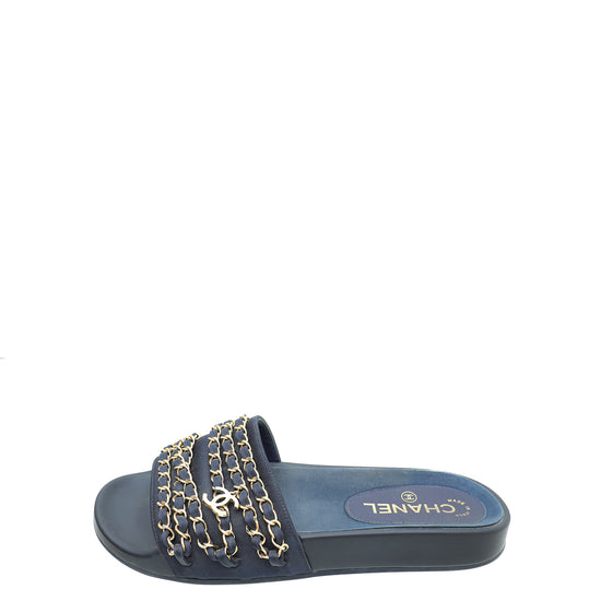 Chanel Navy Blue CC Chain Slide Pool Sandal 38