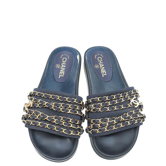 Chanel Navy Blue CC Chain Slide Pool Sandal 38